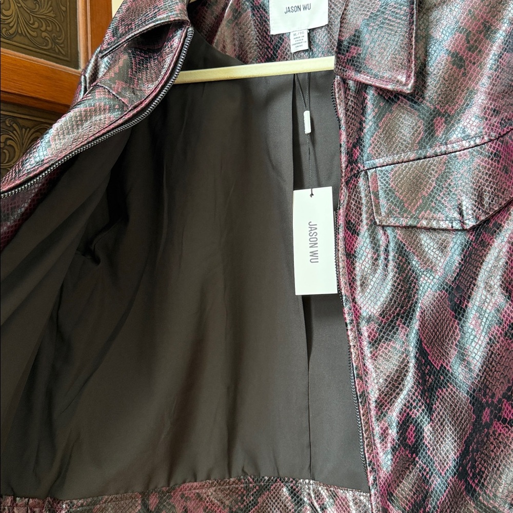 Faux Leather Moto Jacket Black Python Print Zip-U… - image 8